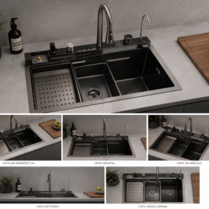 Lavaplatos Moderno Gris. En Acero Inoxidable Con 2 Griferías. 2 Cascadas. Luz Led y Pantalla