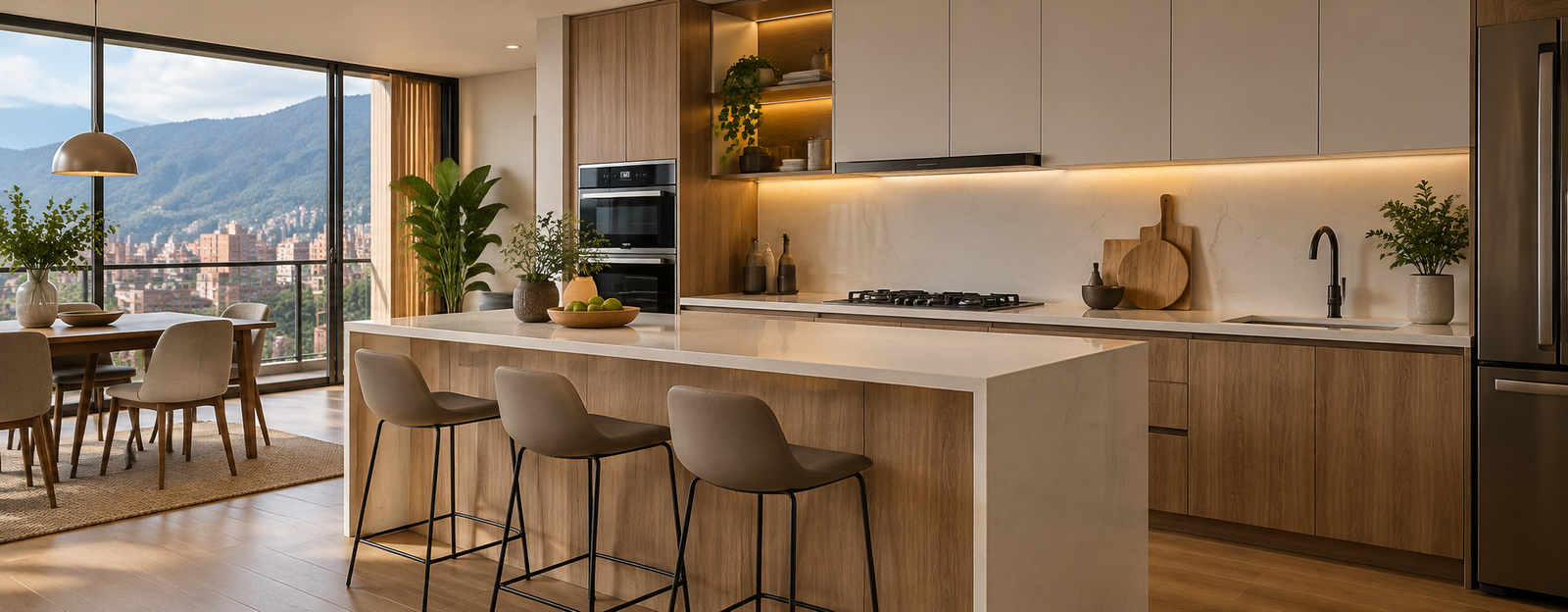 Cocina moderna con vistas a la ciudad y montañas