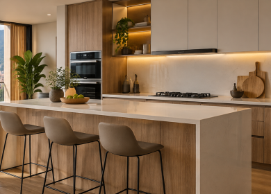 Cocina moderna con vistas a la ciudad y montañas